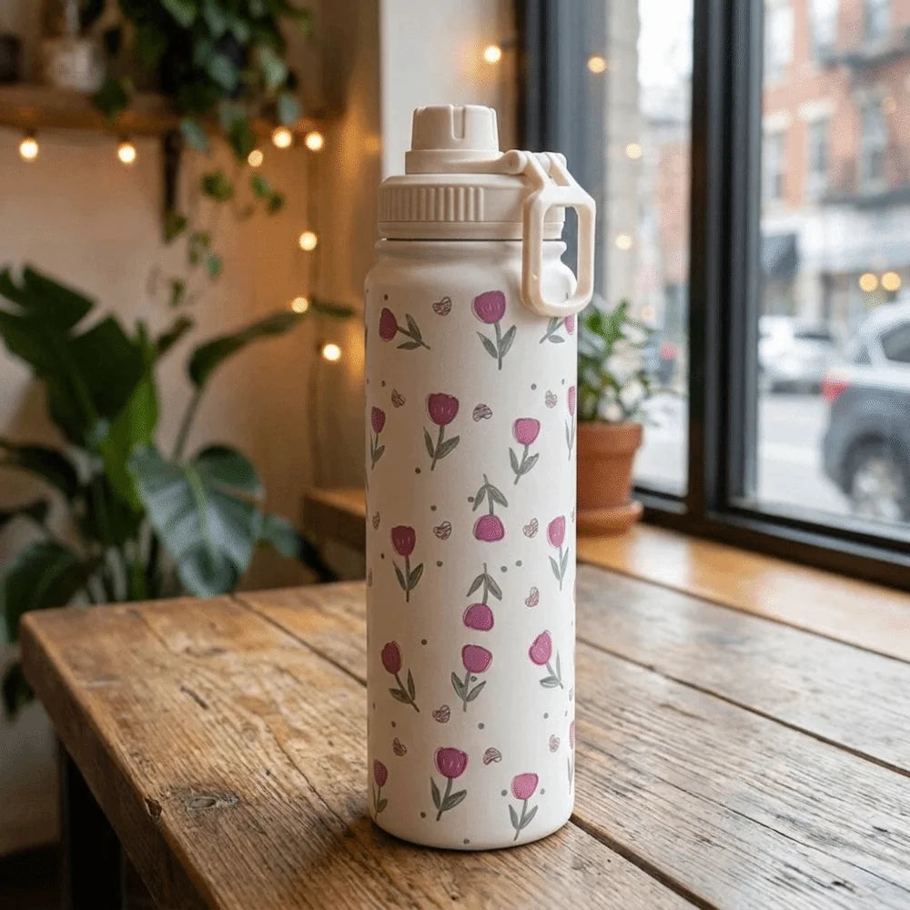 Tulip Pattern Insulated Water Bottle Vacuum Sealed Durable Tumbler Water Cup Eco-Friendly with Handle