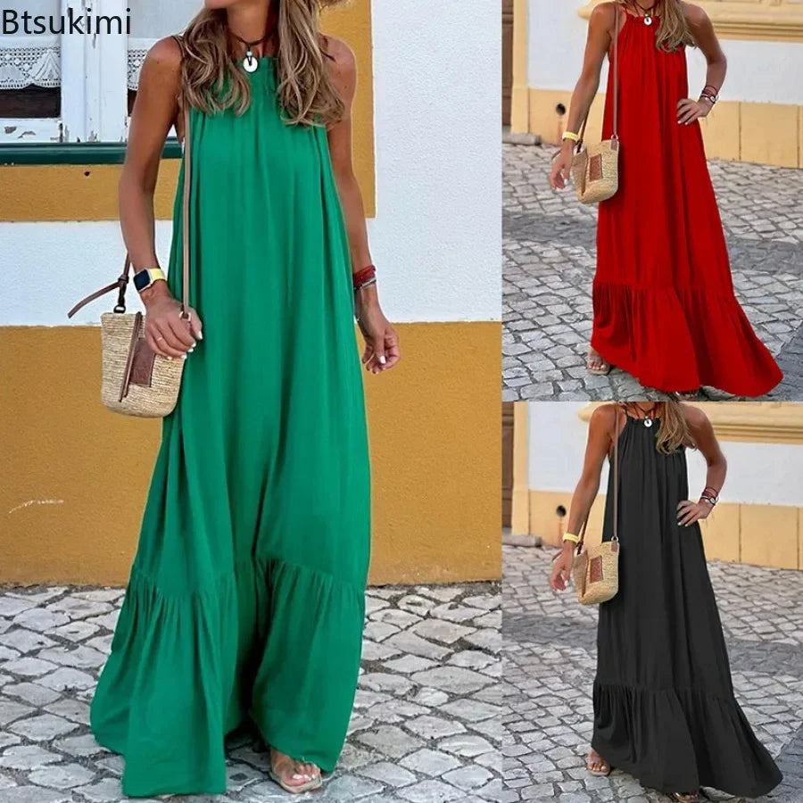 Summer New Dress for Women Sexy Solid Strap Dress Loose Backless Big Swing Beach Dresses Holiday Dresses for Women Wedding Guest