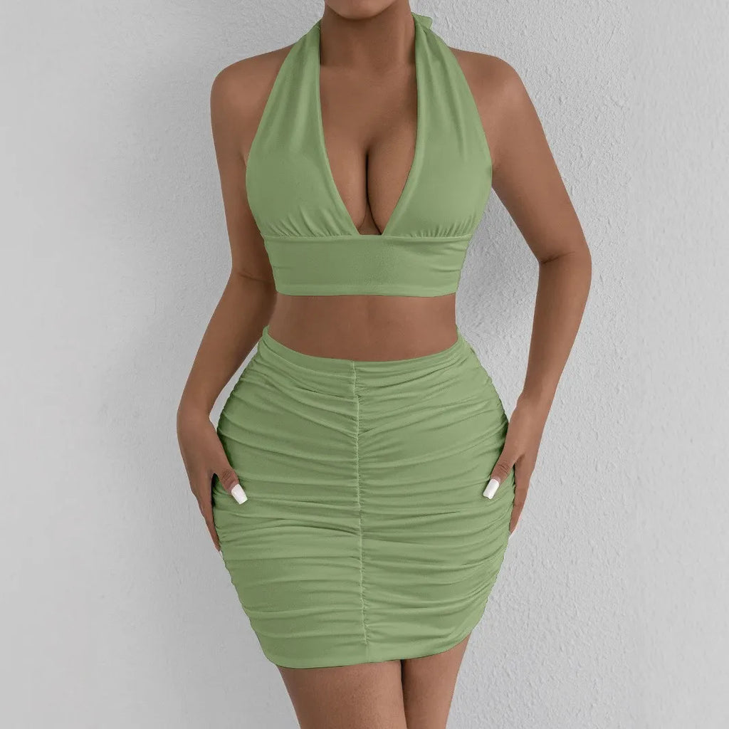 Sexy 2 PCS Ruffle Mini Dress Set Halter Black Deep V Neck Top Skirts Suits Bodycon Summer Women Party Tight Short Dress Suit