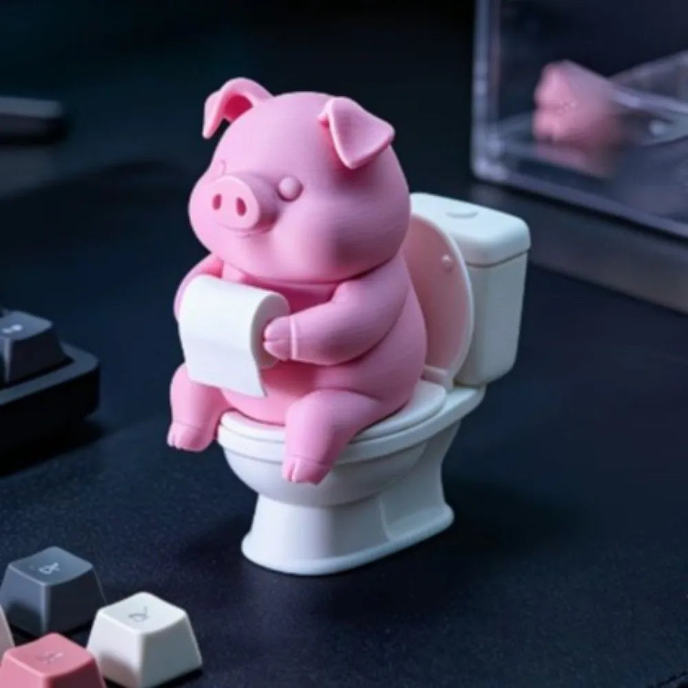 Funny 3D Printed Pig Figurine Cartoon Plastic Pig Sitting on Toilet Wall Mounted Toilet Pig Decoration Desk Shelf