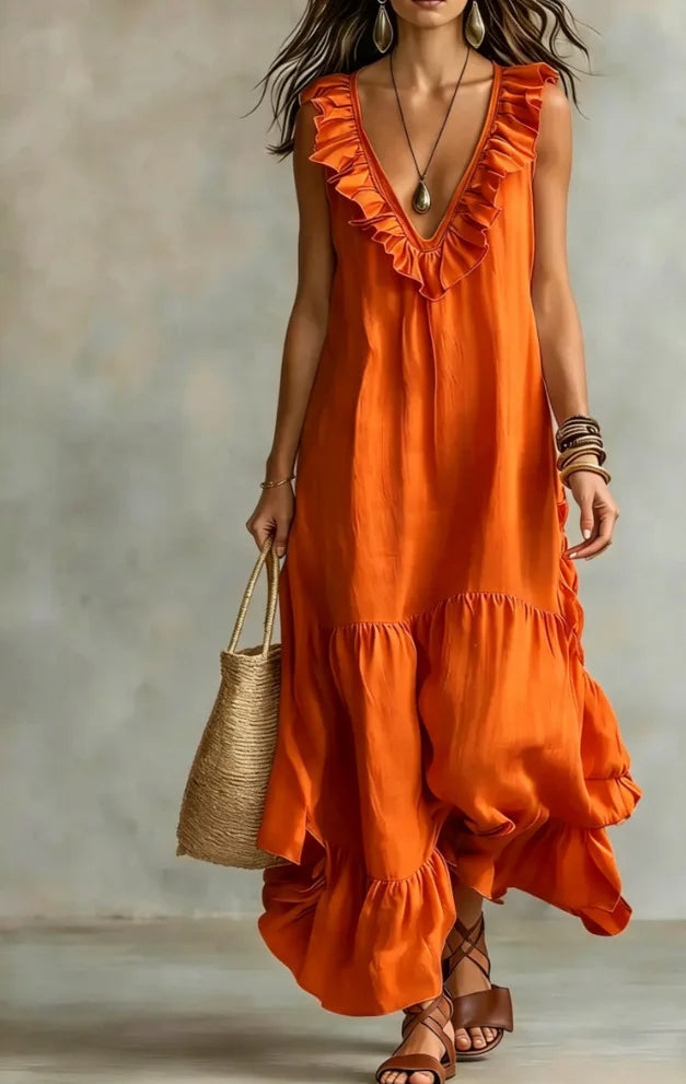 Women's Cotton-Linen V-Neck Ruffle Beach Dress