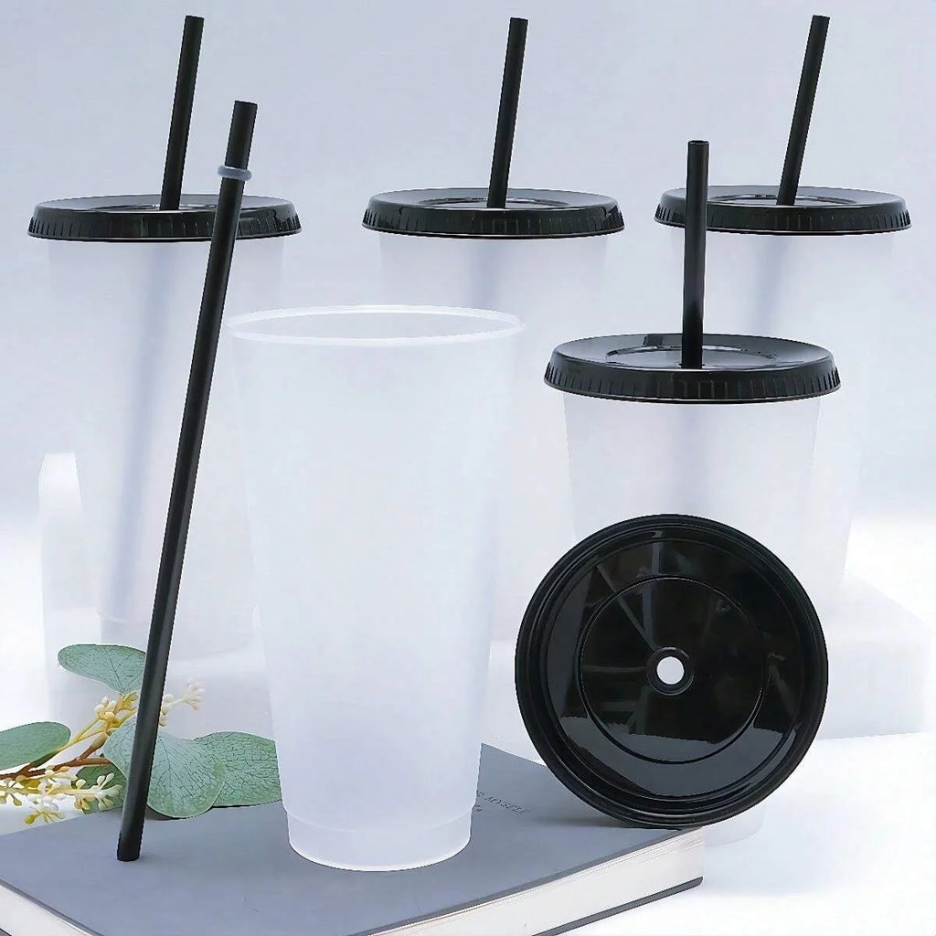 5pcs 24oz Transparent Reusable Tumblers With Black Lids and Straws Iced Coffee Water Bottle Cold Smoothie Cups For Parties Drink