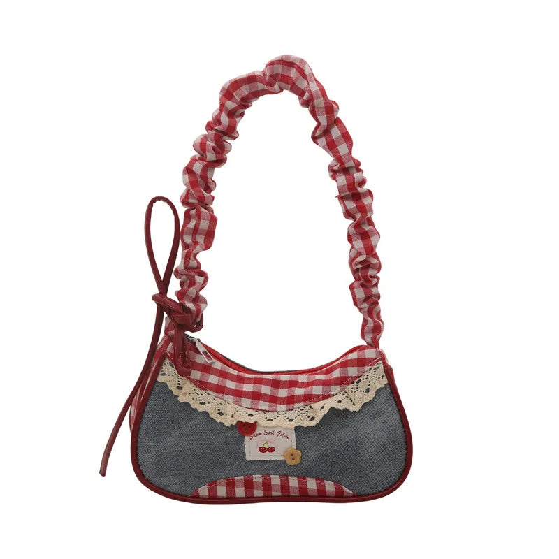 Contrast Lace Bow Pleated Shoulder Bag