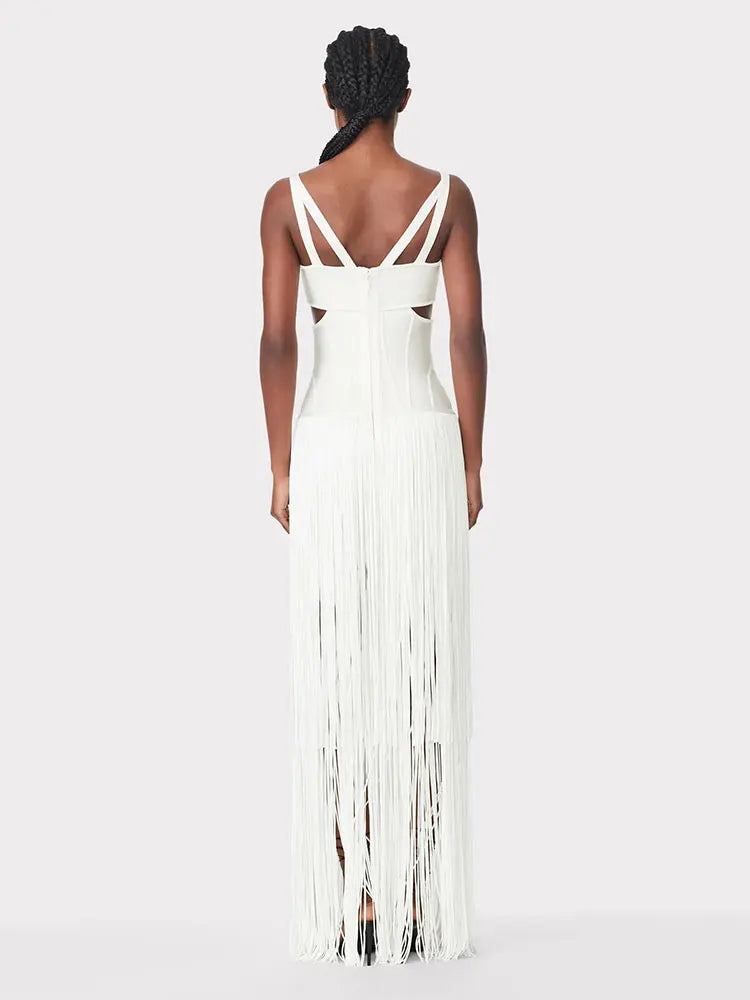2026 Summer Sexy Tassel Bandage Dresses Women's Spaghetti Sleeveless Hollow Bodycon Long Dress Celebrity Evening Party Vesidos