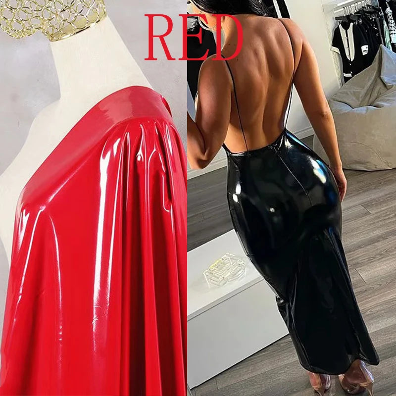 Women's V-Neck Latex-Look Halter Dress