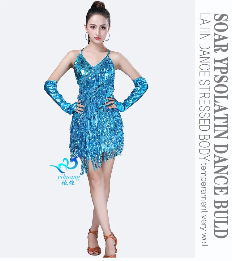 Women's Sequin Tassel Latin Dance Mini Dress