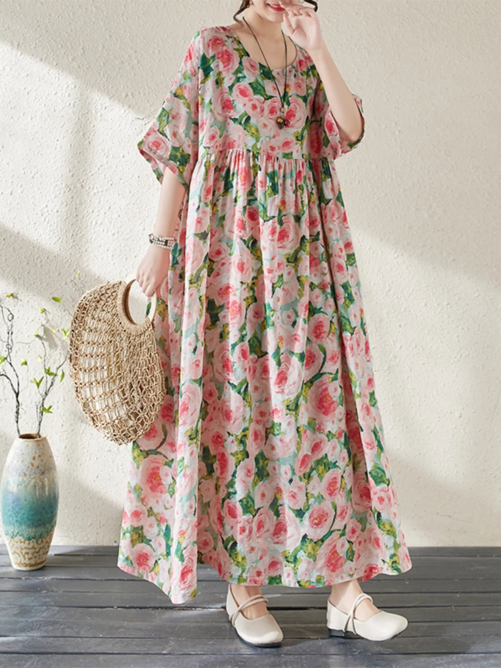 Summer Vacation Dress Women's Loose Midi Skirt Slimming A-Line Long Dress Commute Style round Neck Short Sleeve Casual Dress