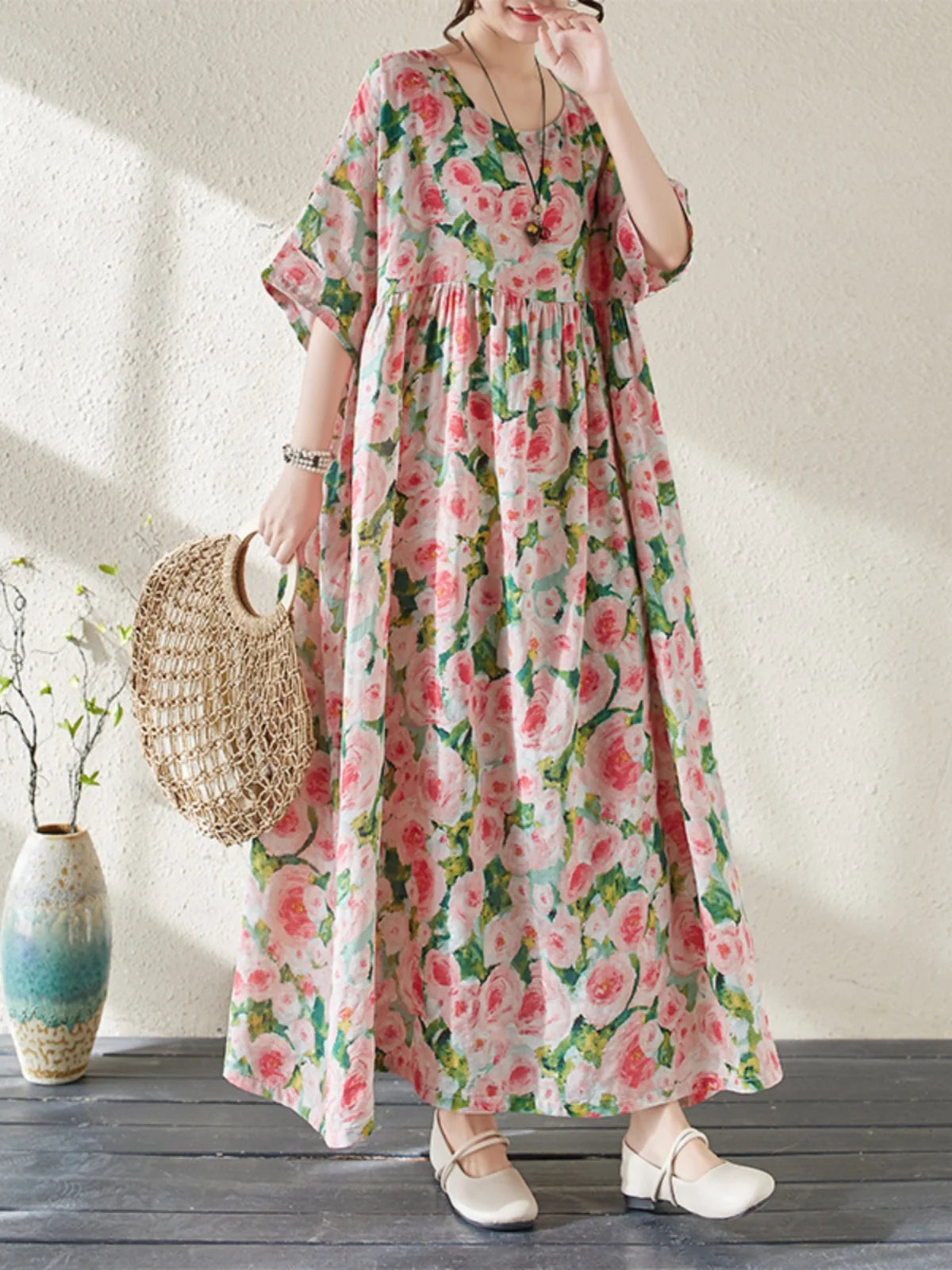 Summer Vacation Dress Women's Loose Midi Skirt Slimming A-Line Long Dress Commute Style round Neck Short Sleeve Casual Dress