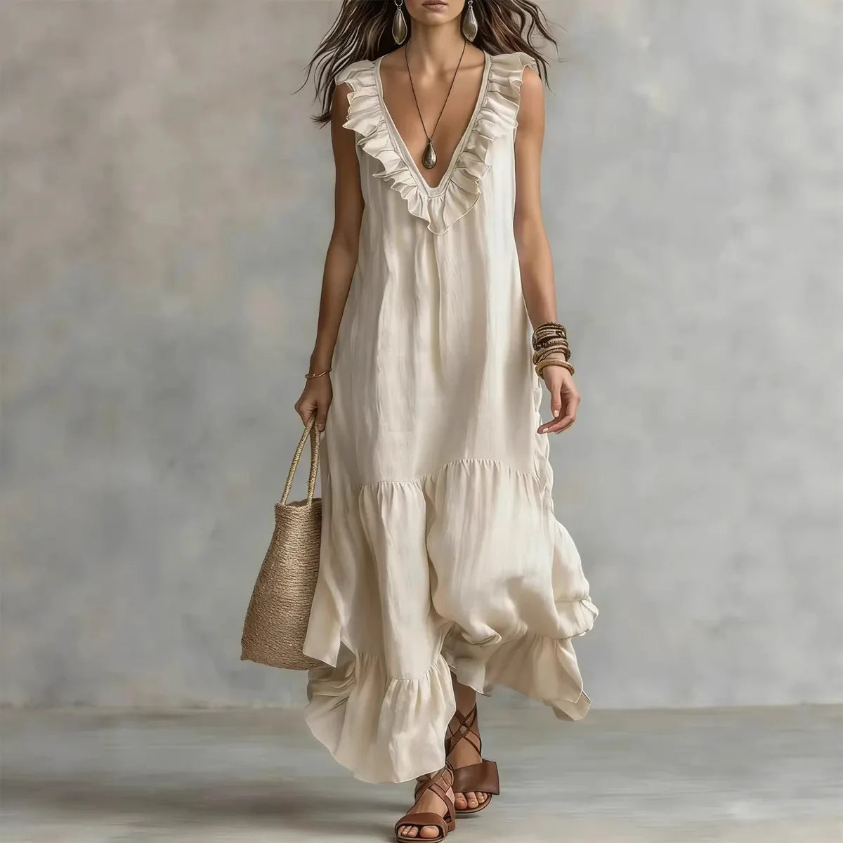 Women's Cotton-Linen V-Neck Ruffle Beach Dress