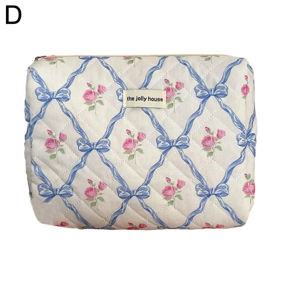 Quilted Bow Floral Makeup Bag