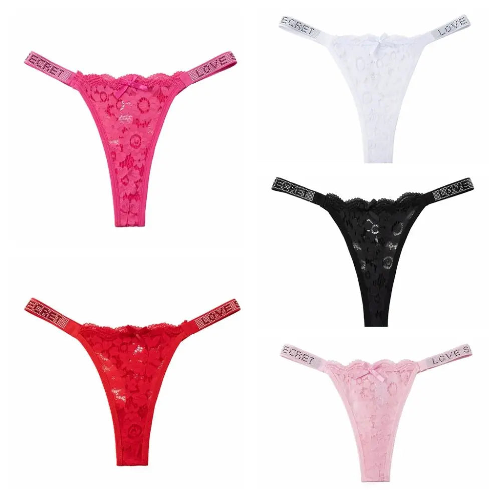 Lingerie Crystal Lace Flower Panties Cotton Crotch Low-waist Seamless Thong Embroidery Underpants Bikini Underwear Women Gifts