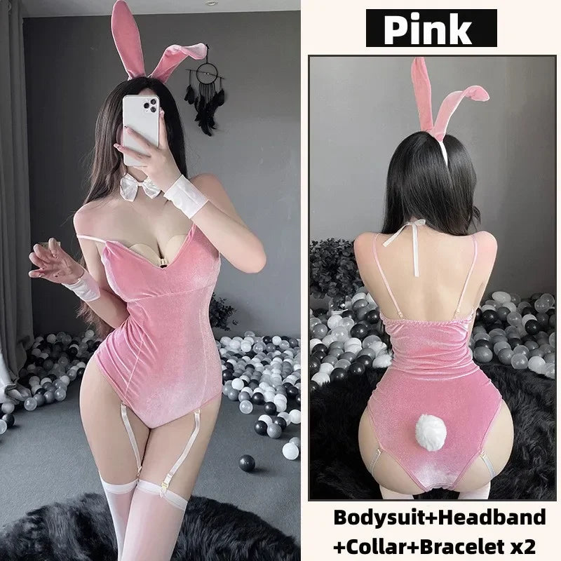 Kawaii Bunny Girl Cosplay Women Sexy Lingerie Exotic Costume Black Red Velvet Skinny Bodysuit+Garter Headband and Panties Set