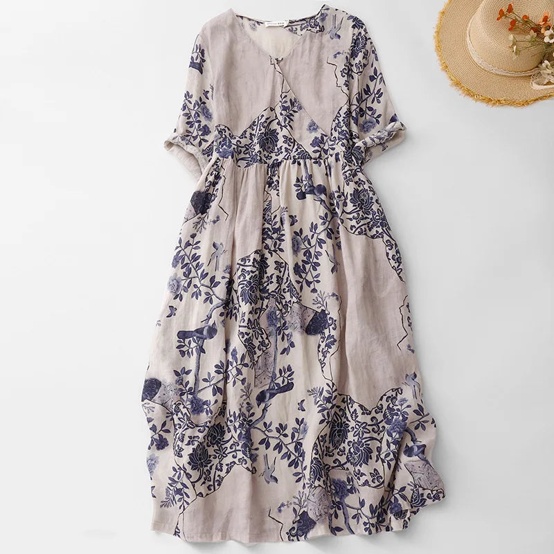Summer Dresses for Women Retro Casual Loose Print V Neck Long Dress Comy Cotton Linen Pullover Robe Vestidos Women A-line Dress