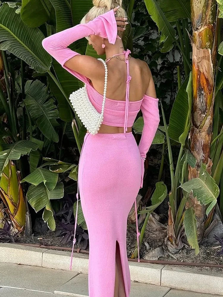 Sexy Knitted Sling Bikini Long Skirts Woman's Set Casual Slim Solid Lace Up Tube Tops Slit Skirt Sets Female Summer Beach Party
