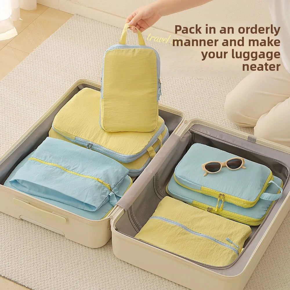 Packing Cubes Taslan Yellow Four Piece Set Space Saving Compression Luggage Organizer with Shoe Bag for Carry on Travel Vacation