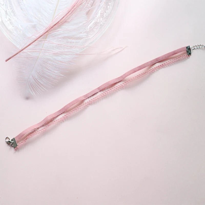 Women's Pink Lace Pearl Pendant Choker