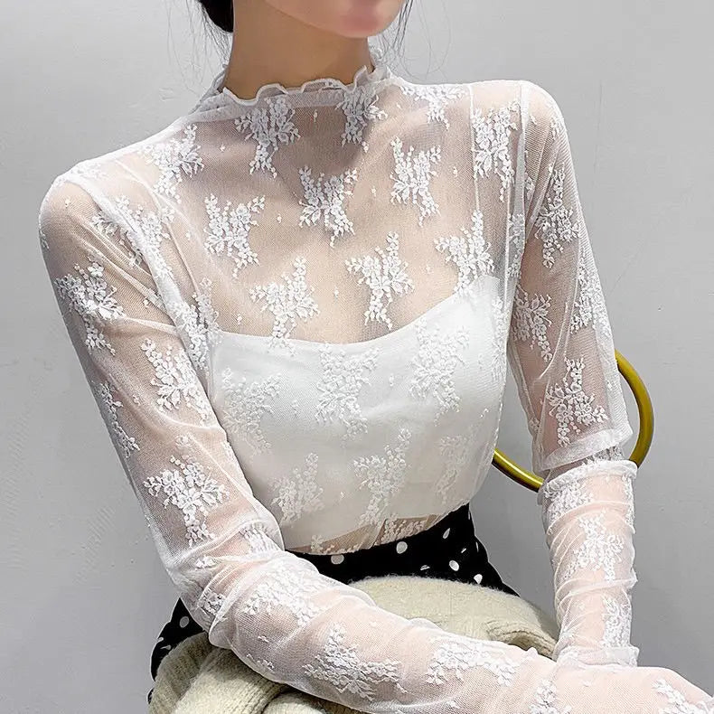 Women's Sheer Mesh Long-Sleeve Turtleneck Crop Top
