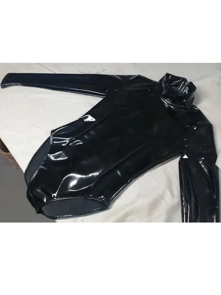 Faux Latex High Cut Sexy Long Sleeve Bodysuit Wetlook Turtleneck PVC Catsuit Body Sculpting Bodystocking Shiny Cosplay Swisuit