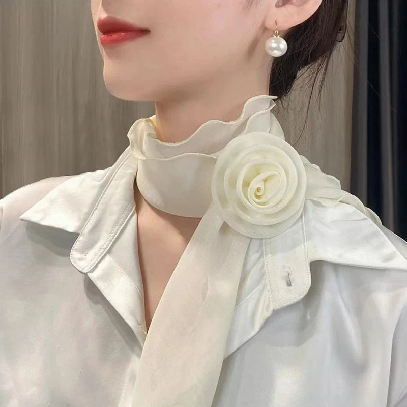Fashion Rose Flower Silk Scarf Versatile Soft Neckerchief For Women Girls Temperament Long Ribbon Tie Scarf Office Clothes Gifts