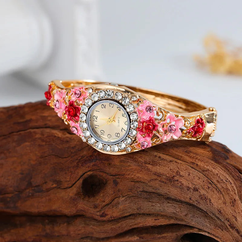 Women's Rhinestone Flower Bangle Quartz Watch