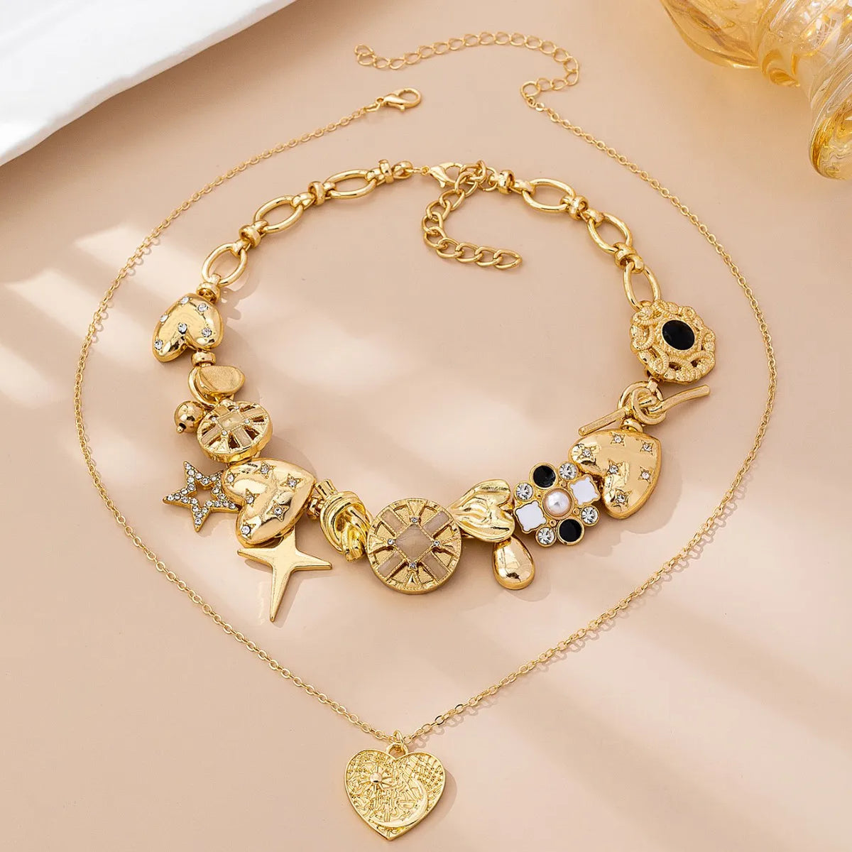 Vintage Layered Heart & Star Charm Necklace Set