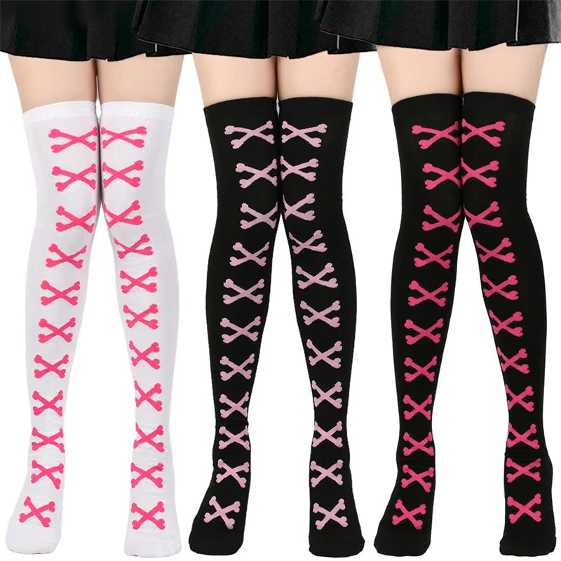 Women's Thigh High Socks Over the Knee Cable Knit Boot Socks, Crossed Bones Long Warm Fashion Leg Warmers Winter