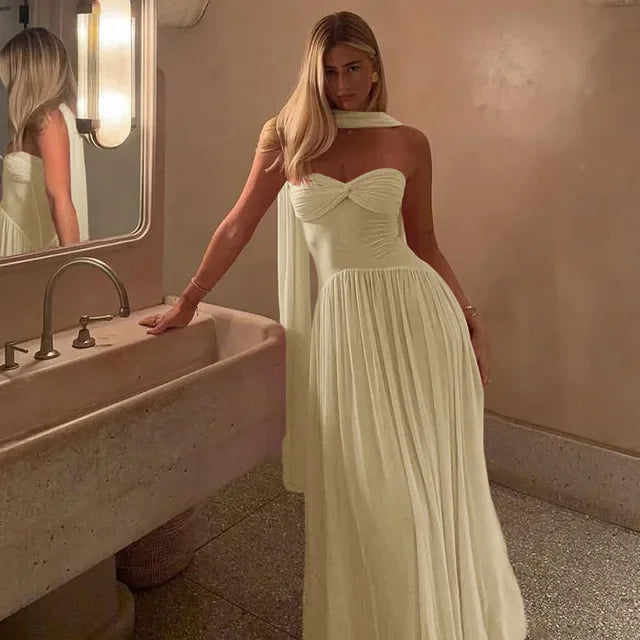Sexy  Scarf Neck Off Shoulder Ruffles Long Dress Fashion Sleeveless High Waist Maxi Robe Women Party Evening Chic Gown