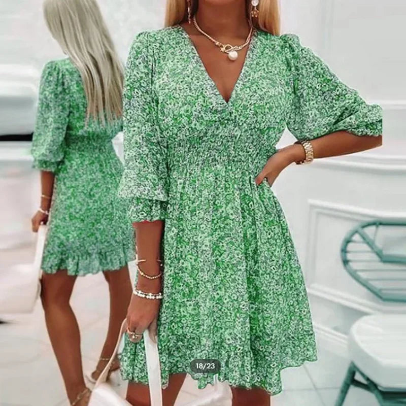 Summer Fashion Floral Dress for Women Midi Skirt Casual Tighten The Waist Pullover Printed Short Sleeves Bohemia Bright Dresses