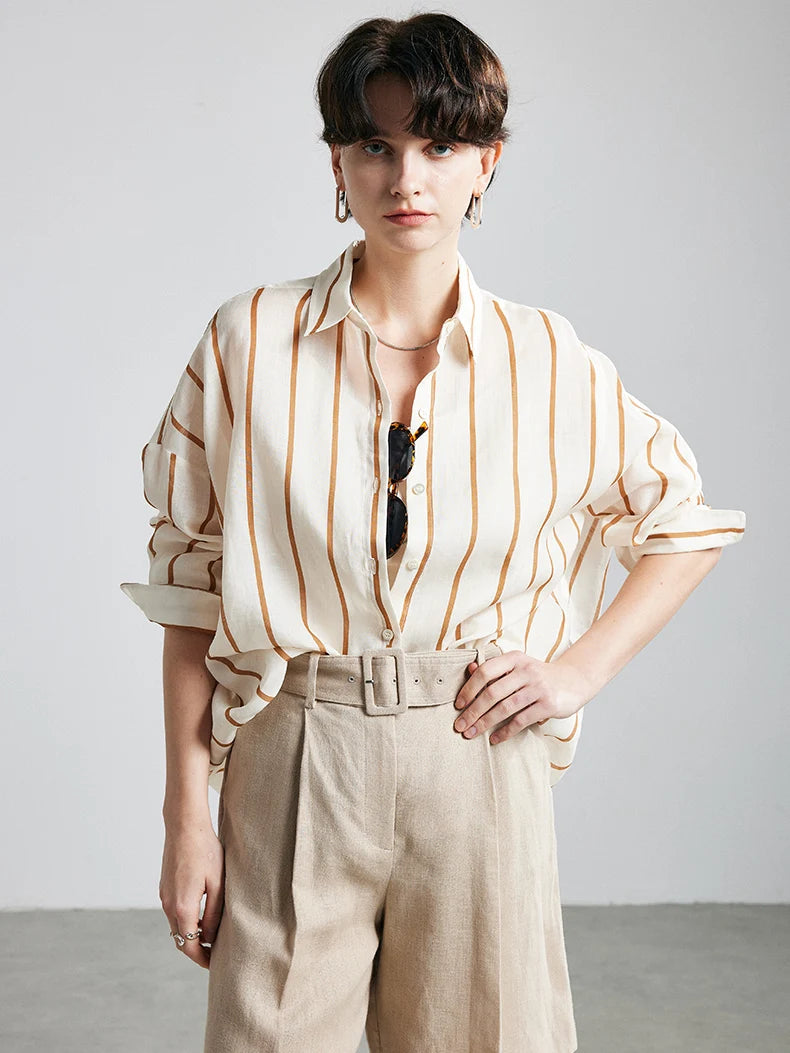 Women's Ramie Printed Turn-Down Collar Shirt
