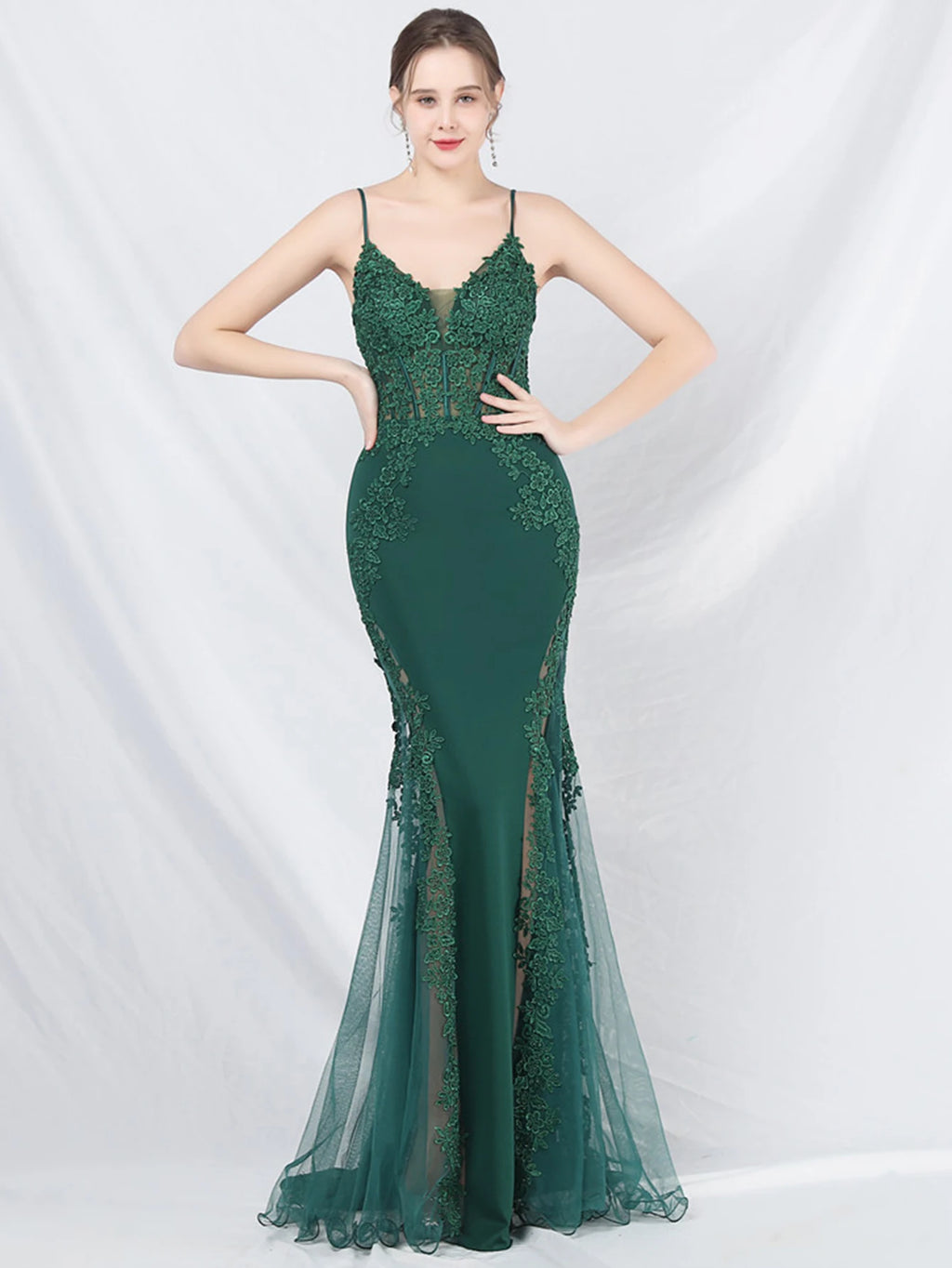 Women's Sheer Lace Mesh Maxi Evening Dress