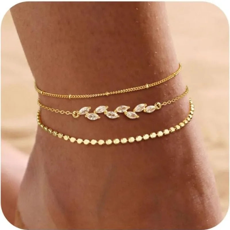 Ankle Bracelets for Women Girls Waterproof Boho 14K Gold Plated STAINLESS STEE Bead Satellite Layered  Anklets Set jewelry Gifts