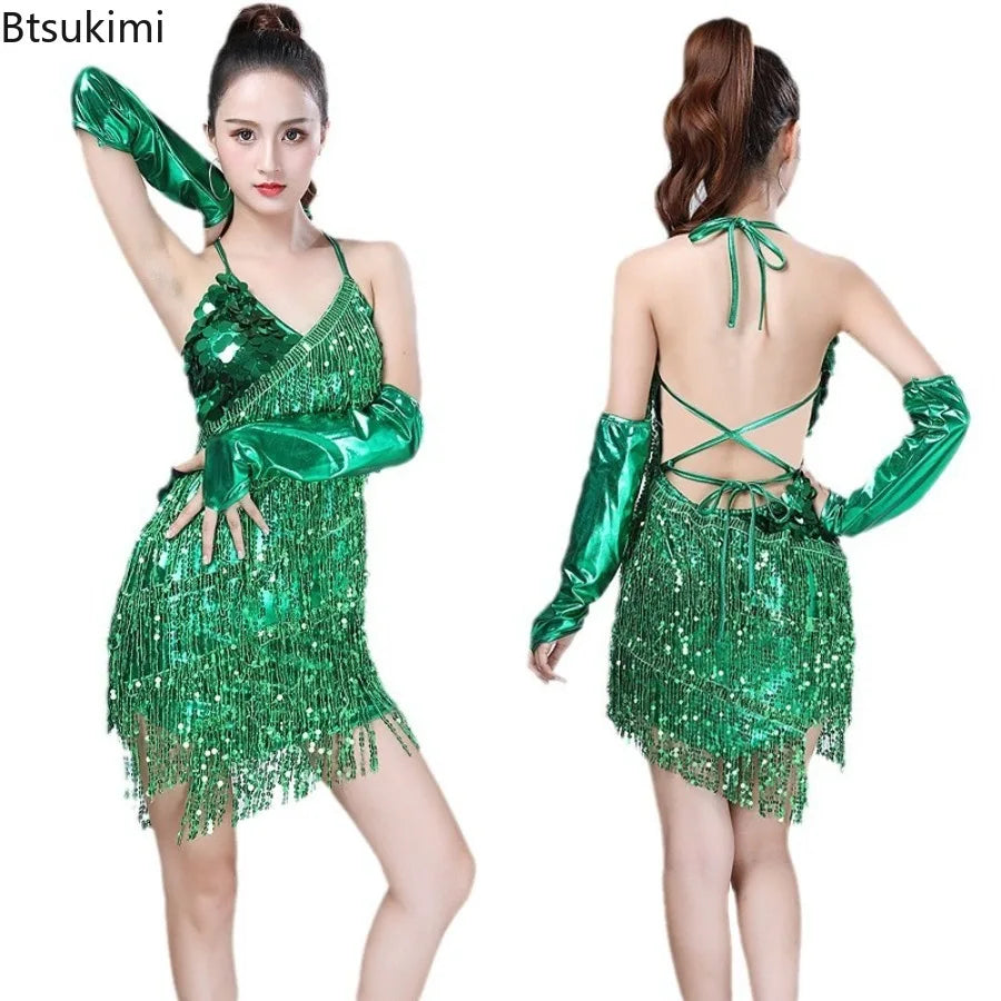Women's Sequin Tassel Latin Dancing Dress Sexy Latin Dress Stage Performance Costumes V-Neck Backless Lace-up Mini Party Dress