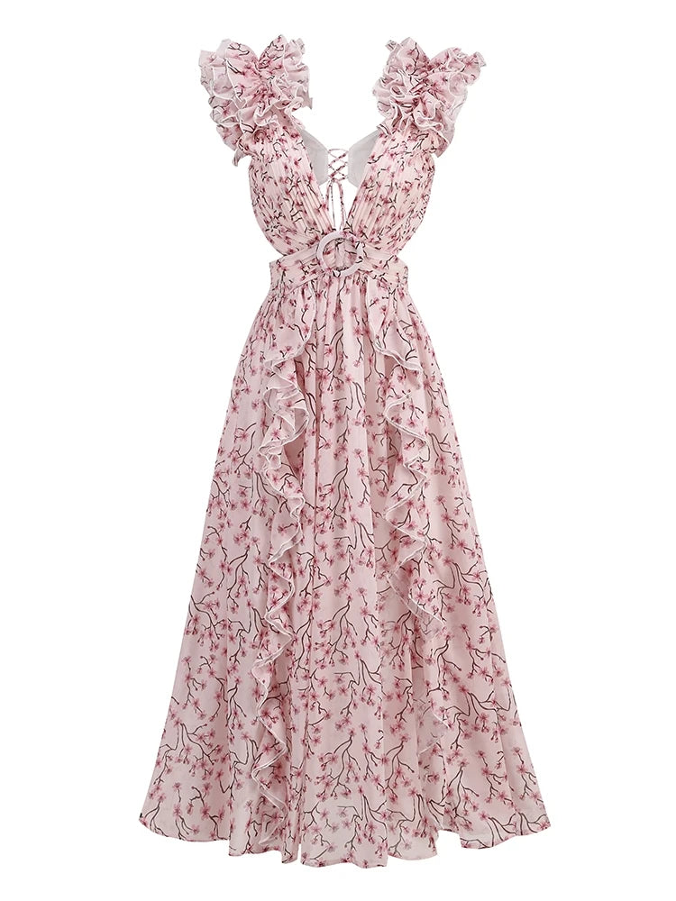 Women's Pink Floral Deep-V Ruffle Maxi Dress