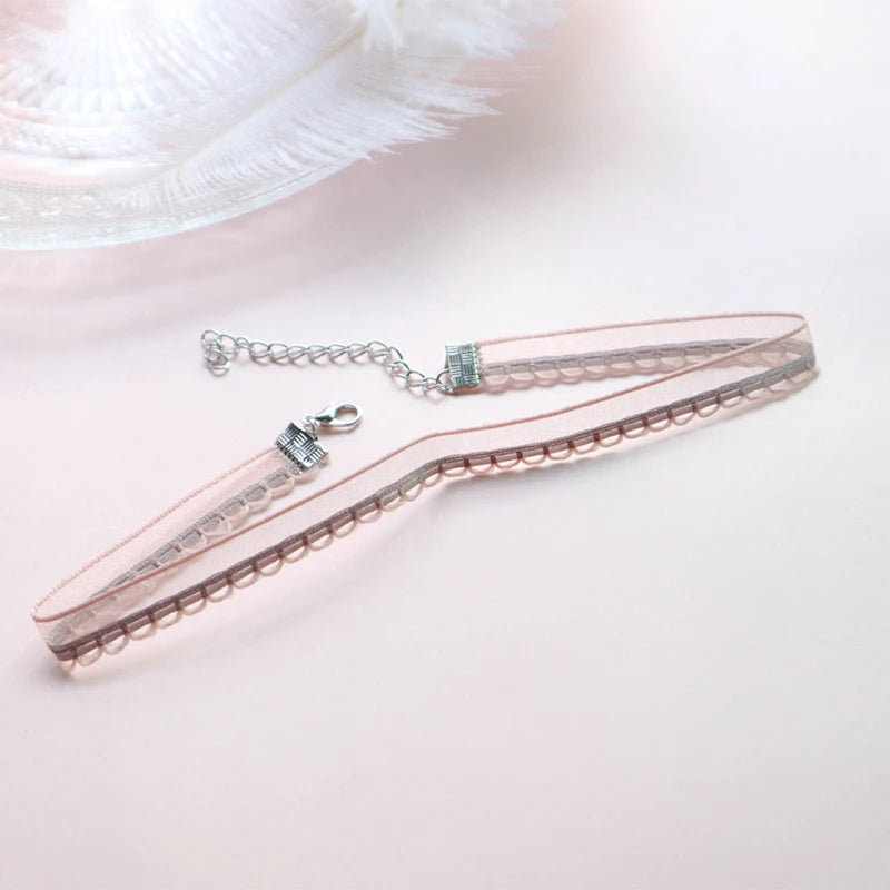 Women's Pink Lace Pearl Pendant Choker