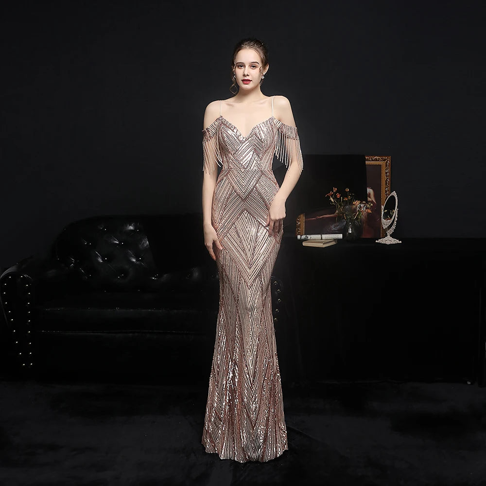Women Elegant Off Shoulder Luxury Evening Dress Sexy  Sequin Mermaid Dress Spaghetti Straps Silver Beading Long Party Dress New