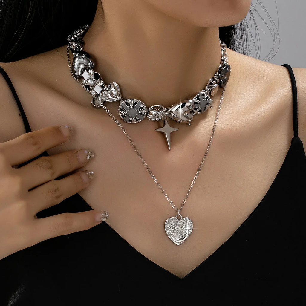 Vintage Layered Heart & Star Charm Necklace Set