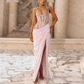 Sexy Lace Splicing Halter Party Dress Women's Elegant Satin Backless Lace-up Maxi Robes 2026 New Female Pleated Dresses