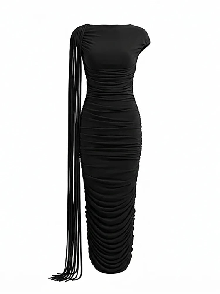 Sexy O Neck Pleated Tassel Patchwork Long Dress Women Black Sleeveless Folds Bodycon Dresses Evening Party Cocktail Gowns