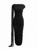 Sexy O Neck Pleated Tassel Patchwork Long Dress Women Black Sleeveless Folds Bodycon Dresses Evening Party Cocktail Gowns
