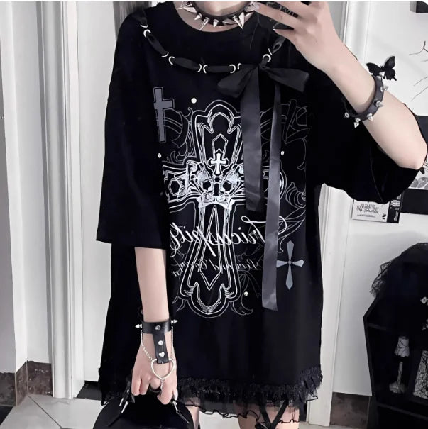 New Off-the-shoulder Subculture Cotton Tee Japanese Punk Gothic Print Dark Loose T-shirt Short/Long Sleeves Y2K Girls Cool Tops