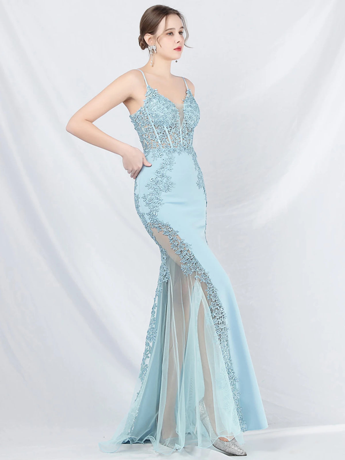 Women's Sheer Lace Mesh Maxi Evening Dress
