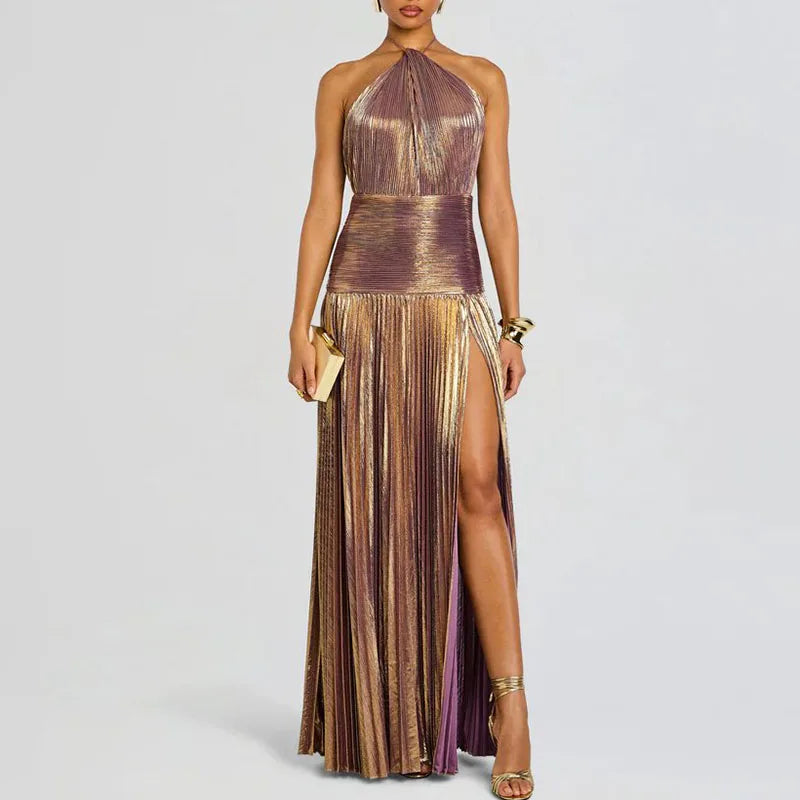 Gold Sexy Halter High Split Gowns Evening Dress Woman Chic Solid Hollow Pleated Long Dress Spring Summer Backless Zip Maxi Dress