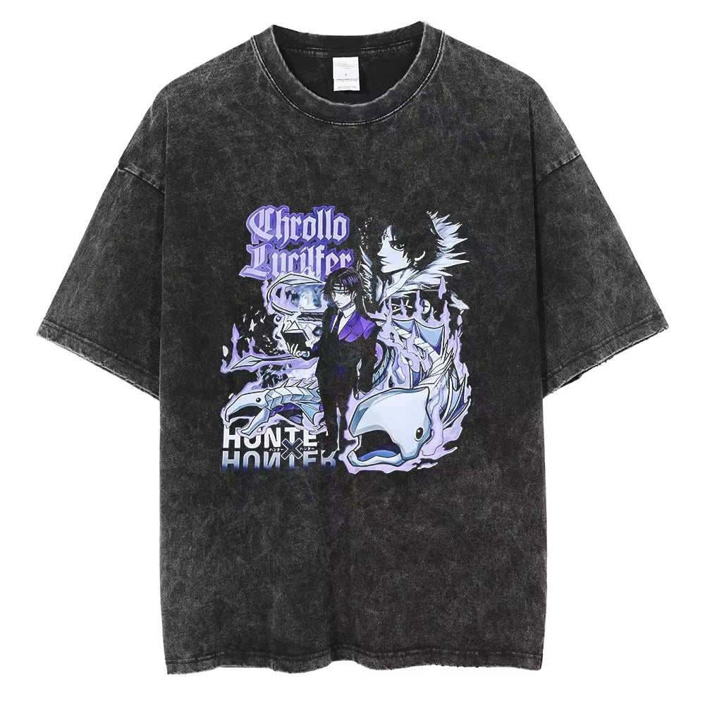 HUNTER×HUNTER T Shirt Kurapika Manga Tshirt Men Women Hip Hop Washed Cotton T-shirt Clothing Summer Short Sleeve Tees Streetwear