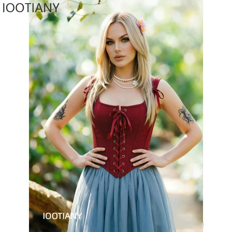 Women Renaissance Corset Top Retro Renaissance Faire Corset Square Neck Satin Lace Up Bustier Halloween Cosplay Fairy Costume