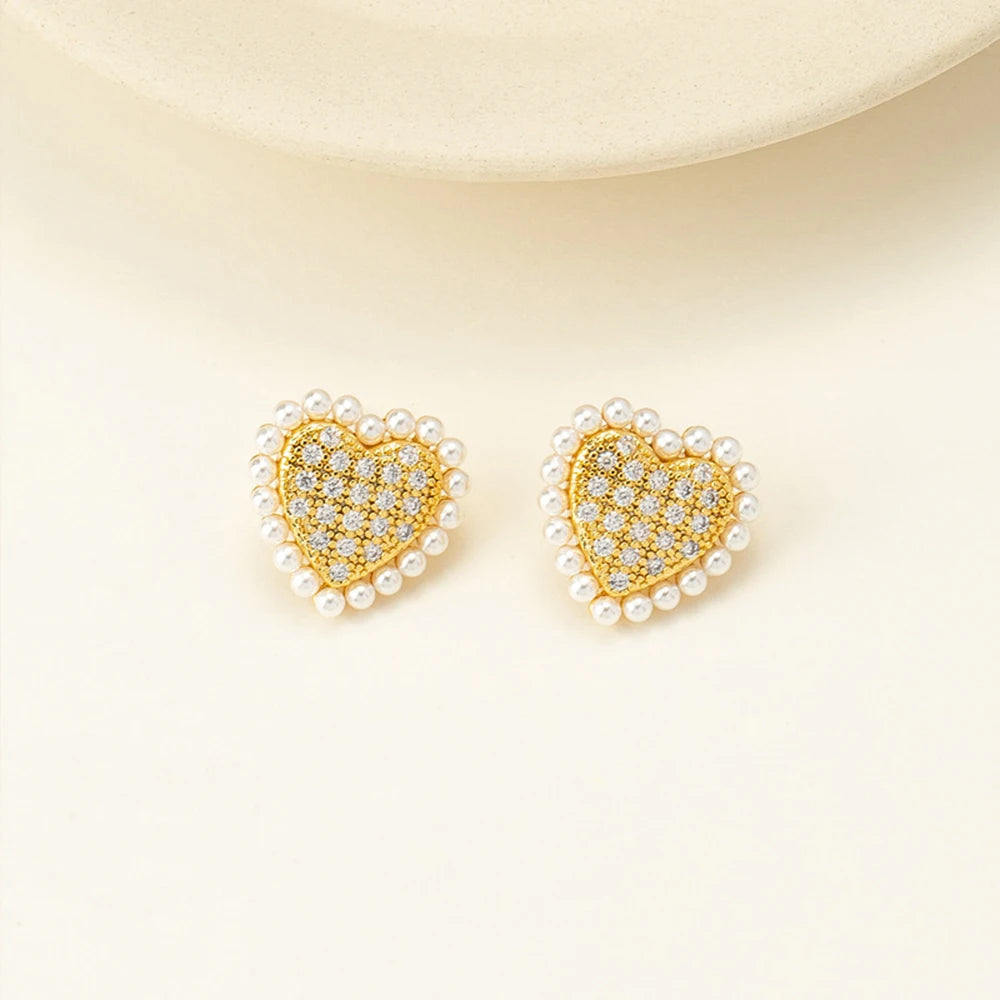 Square Pearl & Crystal Heart Stud Earrings