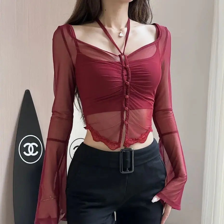 Sexy Halter T-shirts Women Clothes Hot Female Crop Tops Korean Fashion Ladies Streetwear See Through Long Sleeve Tees Pure Basic
