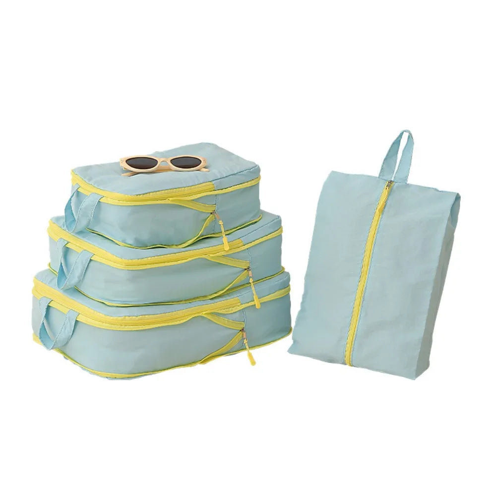 Packing Cubes Taslan Yellow Four Piece Set Space Saving Compression Luggage Organizer with Shoe Bag for Carry on Travel Vacation