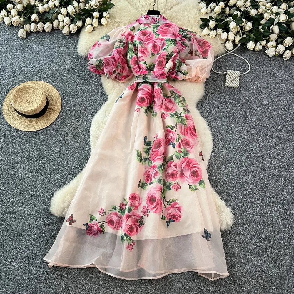Chic vintage Sexy print mesh Spliced Fairy Summer  Women Boho Sundress women clothing Long dress