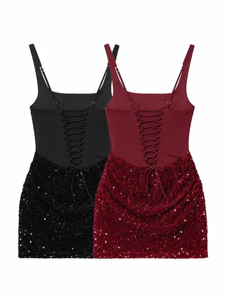 HH Summer Woman Casual Sexy Sleeveless Sequin Decoration Hip Covering Suspender Skirt Female Elegant Fashion Party Dress Mujer