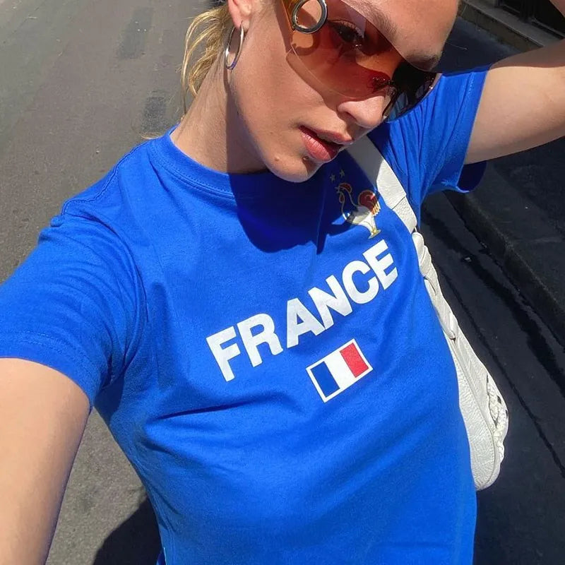 Blue France Letter Y2K Baby Tee